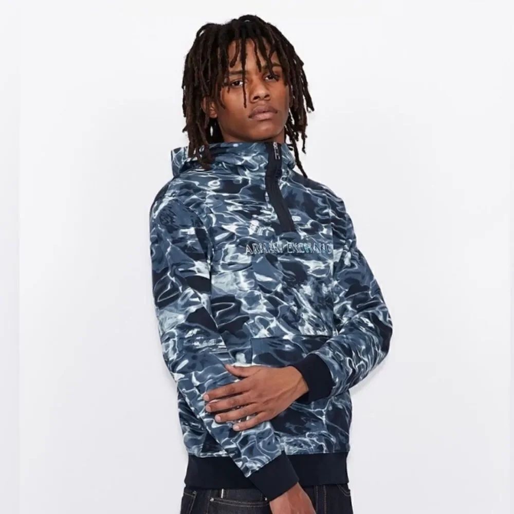 Armani Exchange Blue Gray Water Print 1/4 Zip Hoodie Sweatshirt Men's Medium